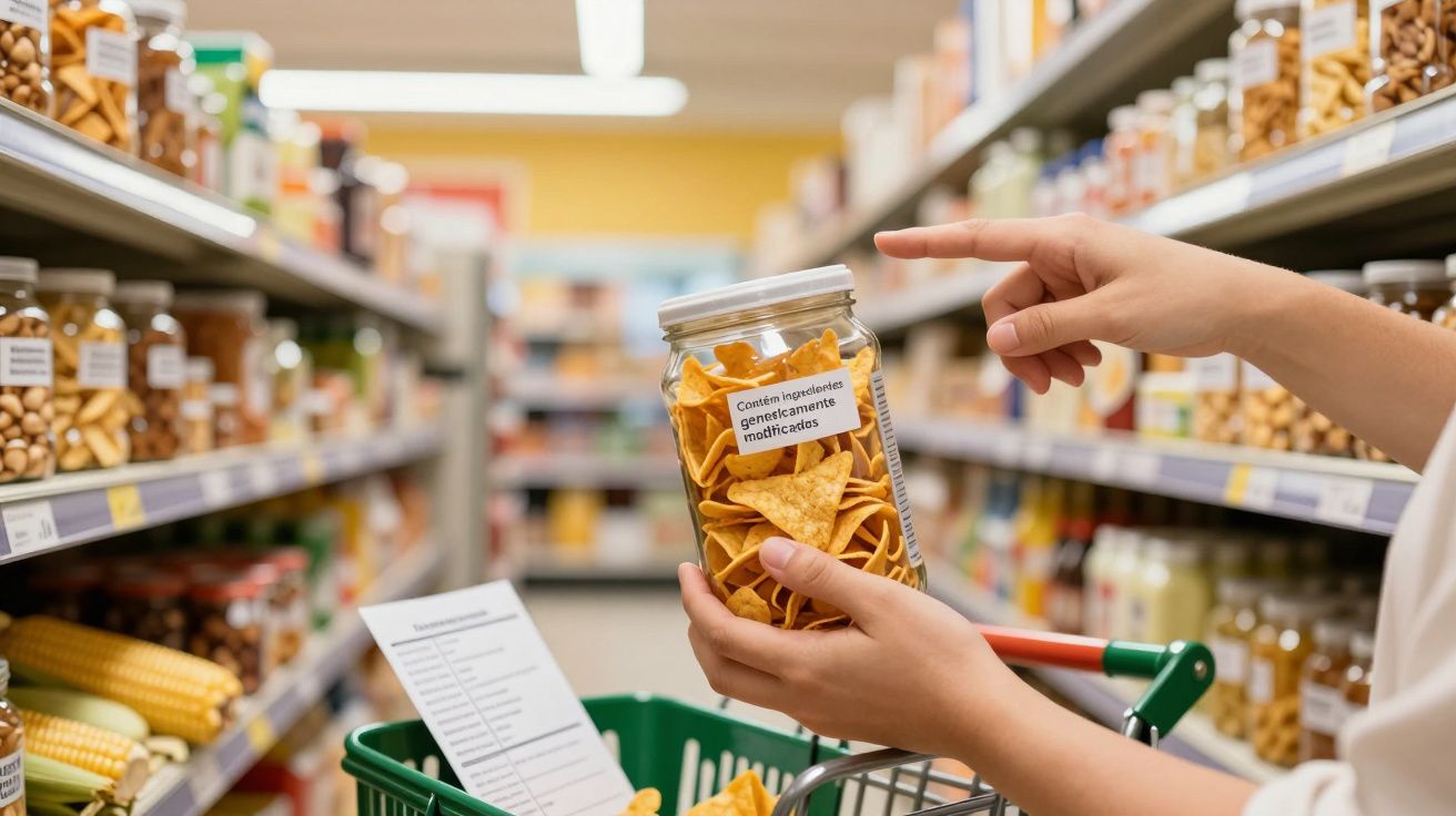 Pessoa segurando frasco de snacks no supermercado, com rótulo sobre ingredientes geneticamente modificados.