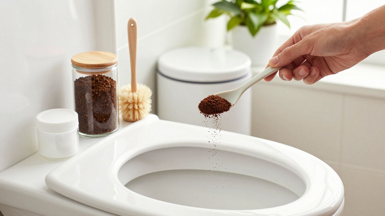 Mão a colocar borra de café na sanita numa casa de banho com decoração minimalista.