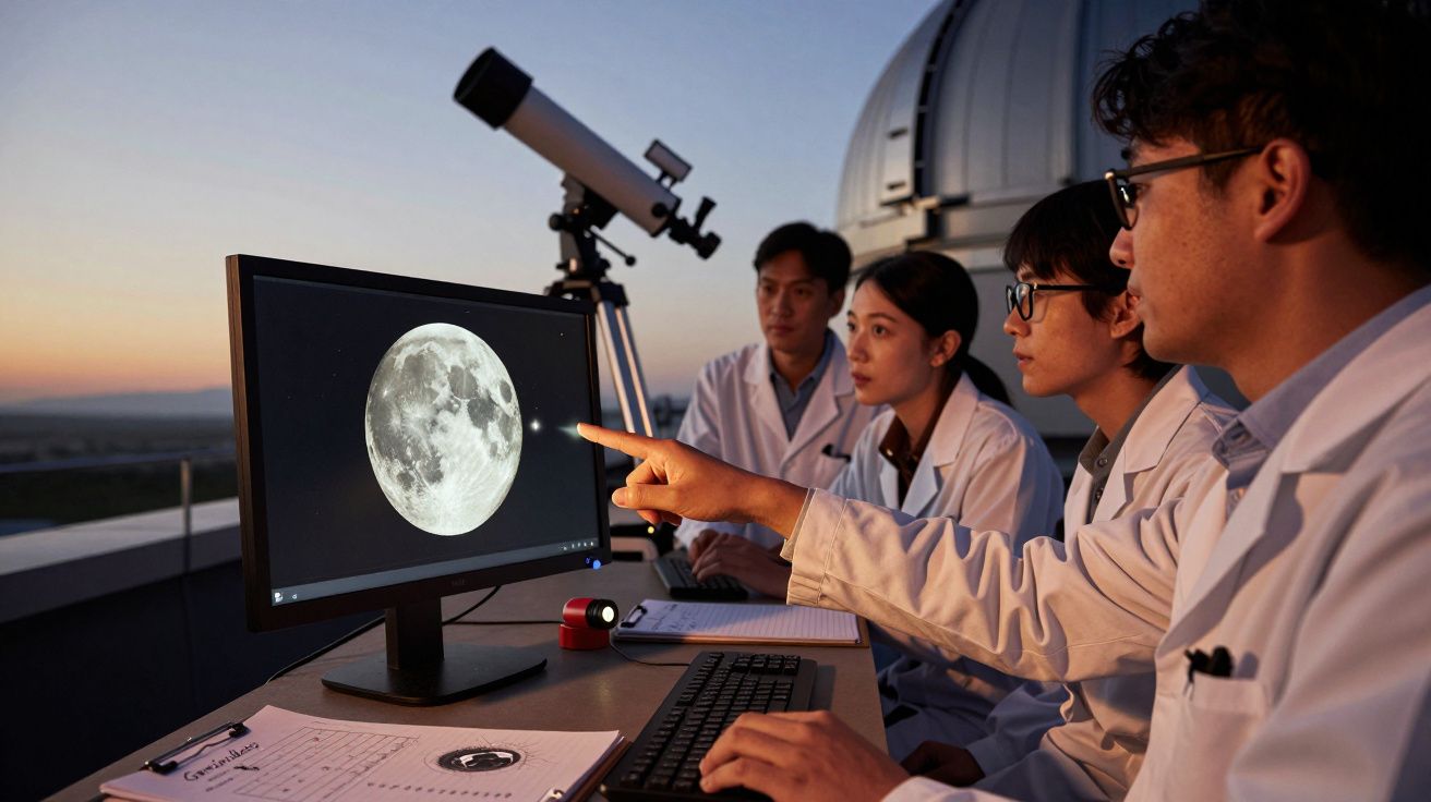 Cientistas observam imagem da Lua num monitor ao lado de um telescópio, durante o pôr do sol.