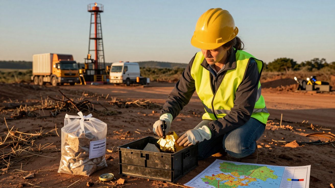 Engenheira com capacete e colete analisa amostra de solo em obra ao ar livre, rodeada por veículos e mapa.