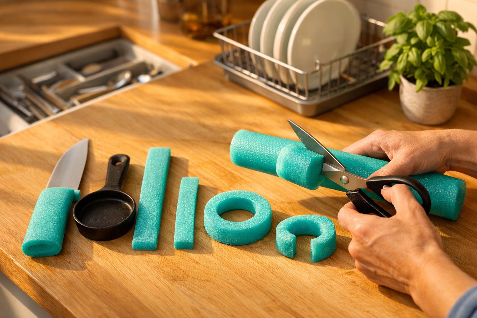 Mãos montam rolo de massa verde em tábua de madeira, com limões e toalhas ao fundo.