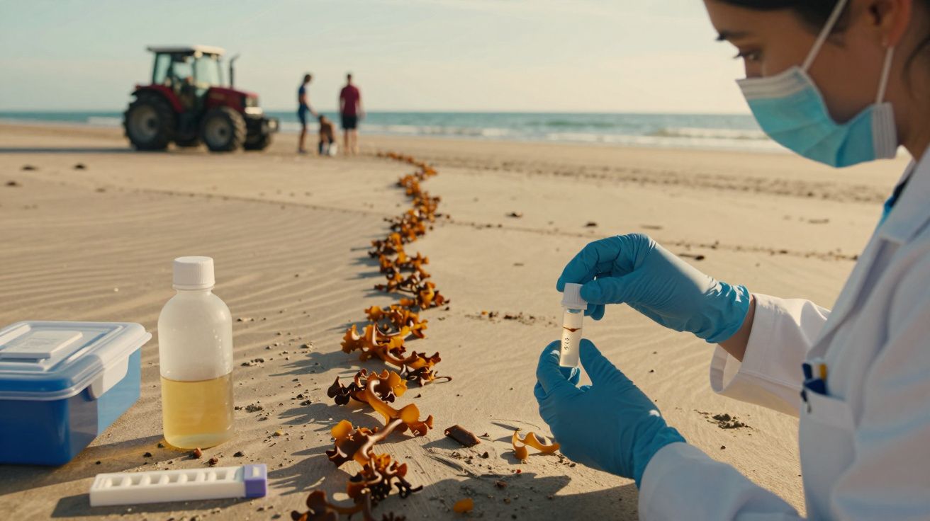 Cientista coleta amostra de água numa praia, com algas e um trator ao fundo.