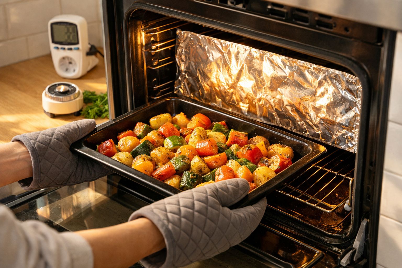 Cozinheiro a colocar uma travessa com frango assado no forno, numa cozinha profissional.
