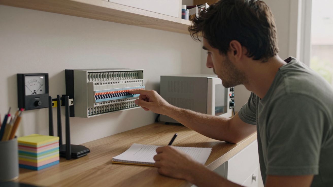 Homem ajusta interruptor no quadro elétrico enquanto faz anotações em caderno numa mesa de madeira clara.