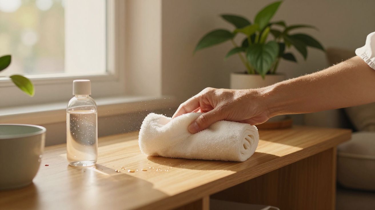 Mão limpa uma superfície de madeira com um pano branco ao lado de uma garrafa de líquido, num ambiente iluminado.