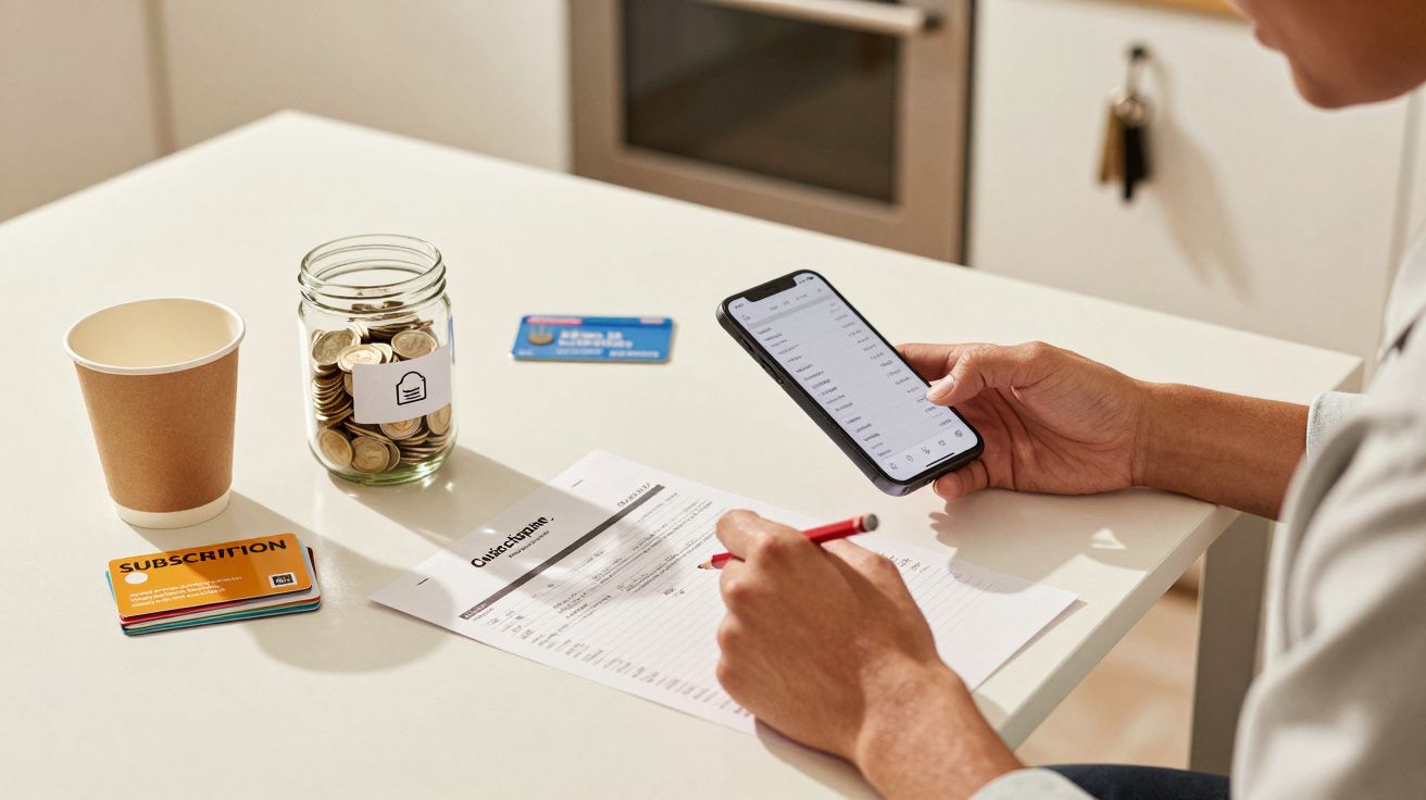 Pessoa sentada à mesa com smartphone, lápis vermelho e documentos, ao lado de um frasco de moedas e copo de papel.