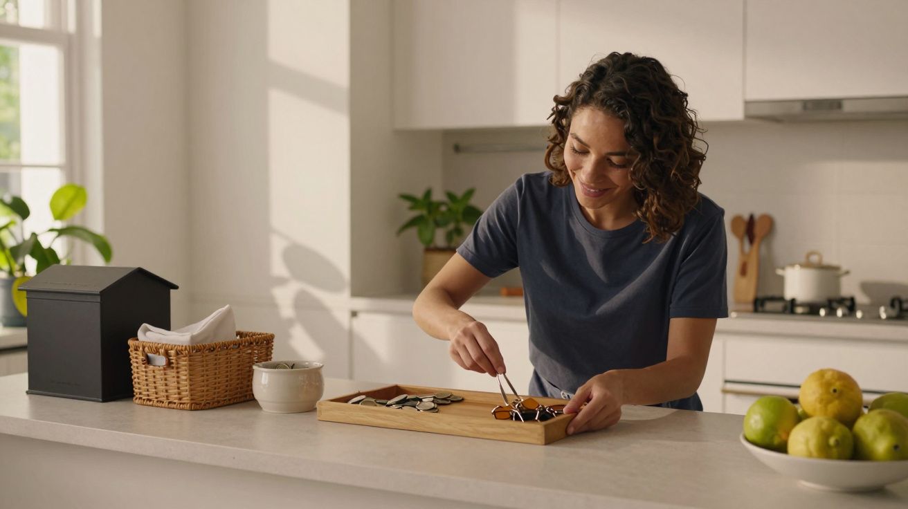 Mulher de cabelo encaracolado prepara sobremesa numa cozinha clara, sorrindo enquanto usa pinças.