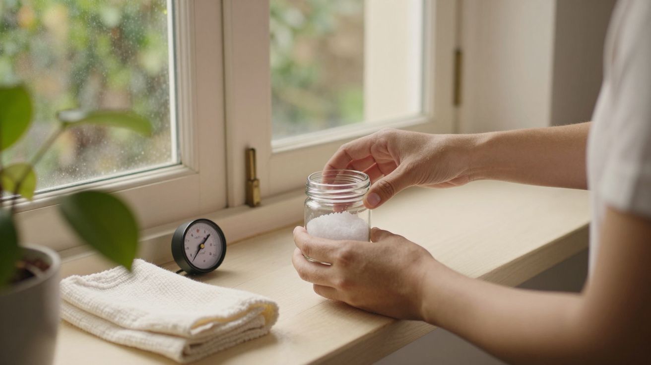 Mãos seguram frasco de vidro com sal numa janela, ao lado de toalhas e relógio pequeno.
