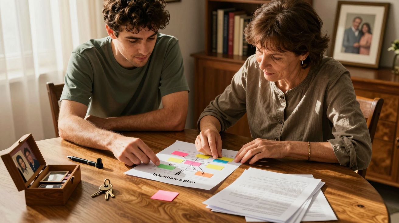 Dois adultos analisam documentos e um plano diagramático numa mesa de madeira, com caneta, papéis e chaves ao lado.