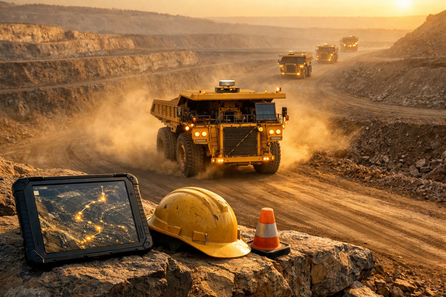 Veículo robótico numa estrada de terra, com colina ao fundo e equipamento de filmagem em primeiro plano.