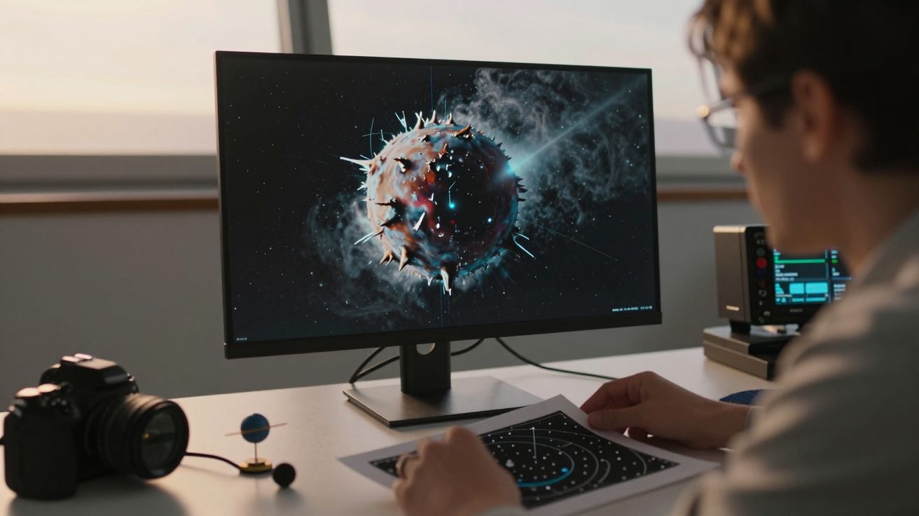 Pessoa observa imagem de planeta com anéis e partículas numa tela de computador, mesa com câmara e papéis ao lado.