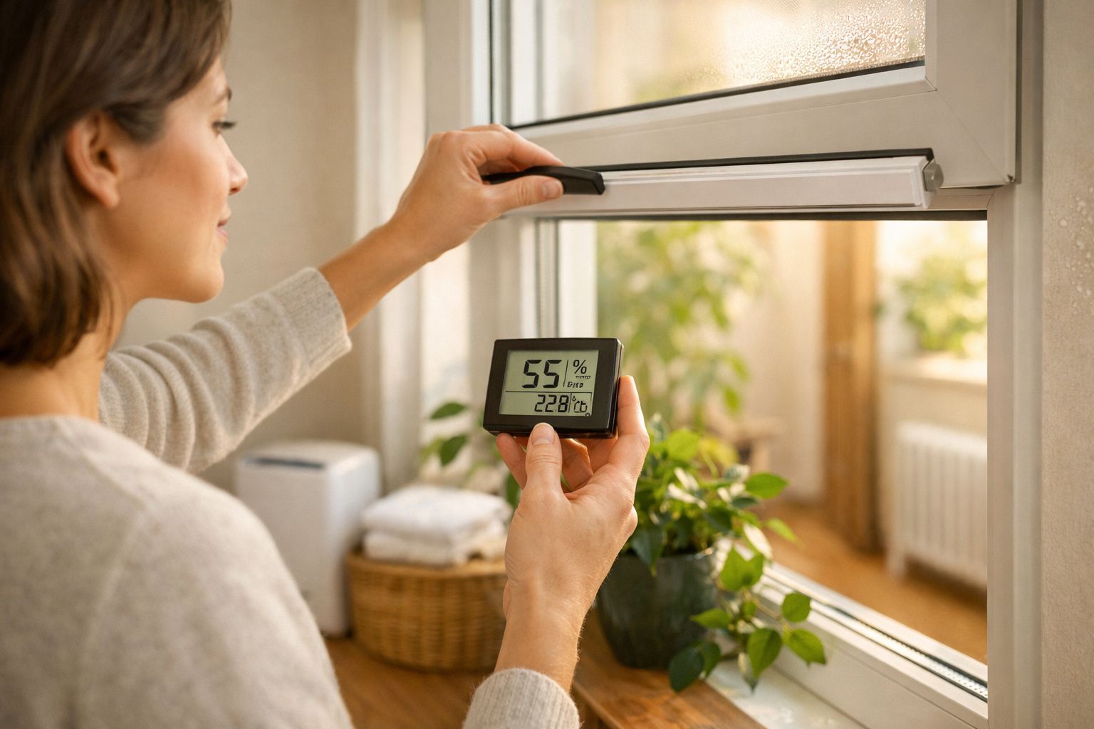 Pessoa ajusta dispositivo de medição ao lado de plantas e ventilador numa bancada de madeira.