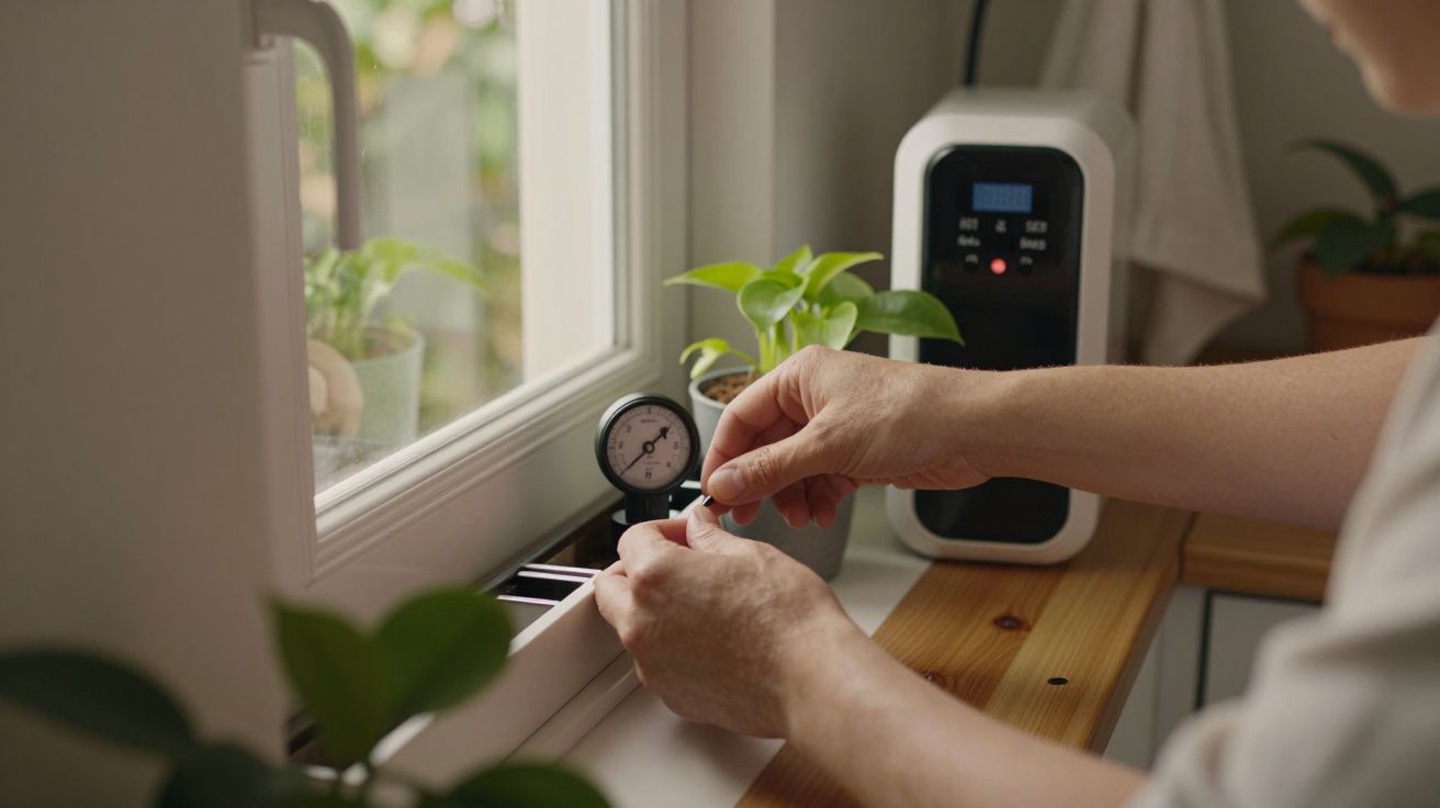 Pessoa ajusta dispositivo em janela junto a plantas e um pequeno aparelho eletrónico sobre uma mesa de madeira.