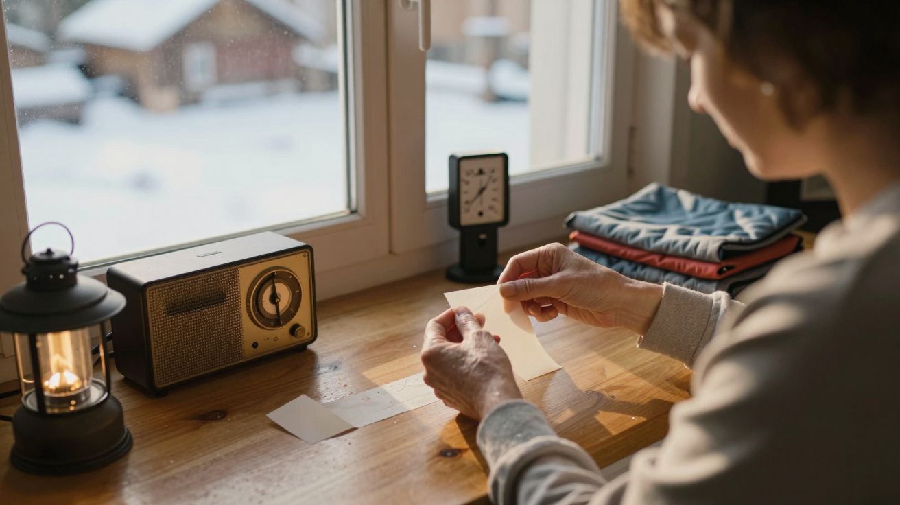Pessoa sentada à mesa, segurando papel, com rádio e lanterna ao lado, vendo pela janela um cenário nevado.