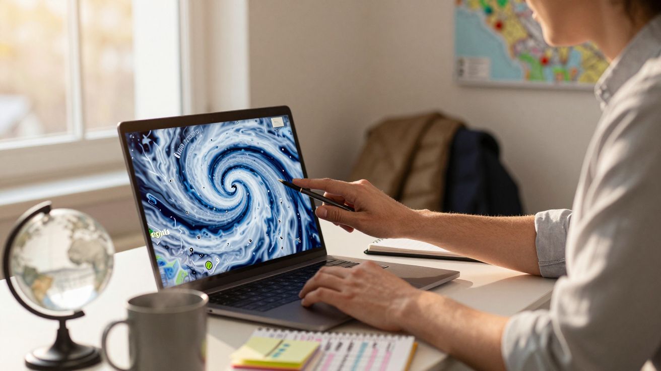Pessoa analisa imagem de furacão num portátil, numa secretária com globo e caderno.