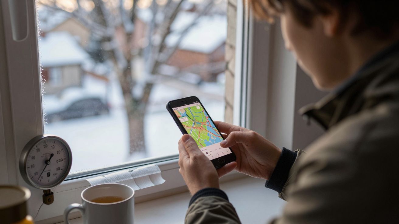 Pessoa segurando smartphone com mapa ao lado de uma janela e uma chávena de café.