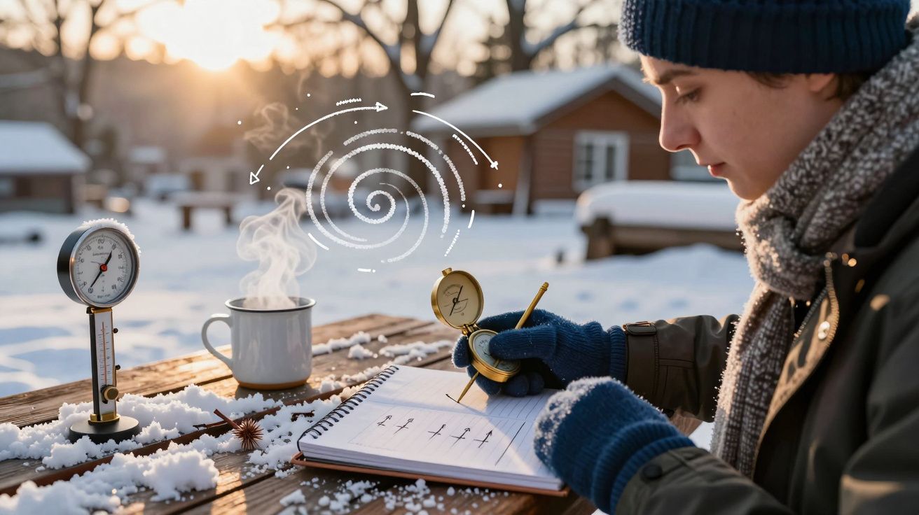 Pessoa com gorro e luvas escrevendo num caderno na neve, com instrumentos de medição e caneca fumegante na mesa.
