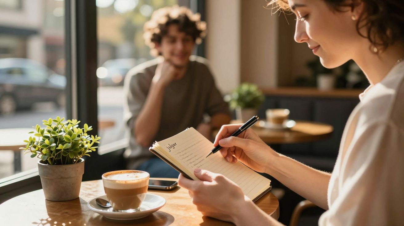 Mulher escreve num caderno numa cafetaria, com homem sentado ao fundo e uma bebida na mesa.