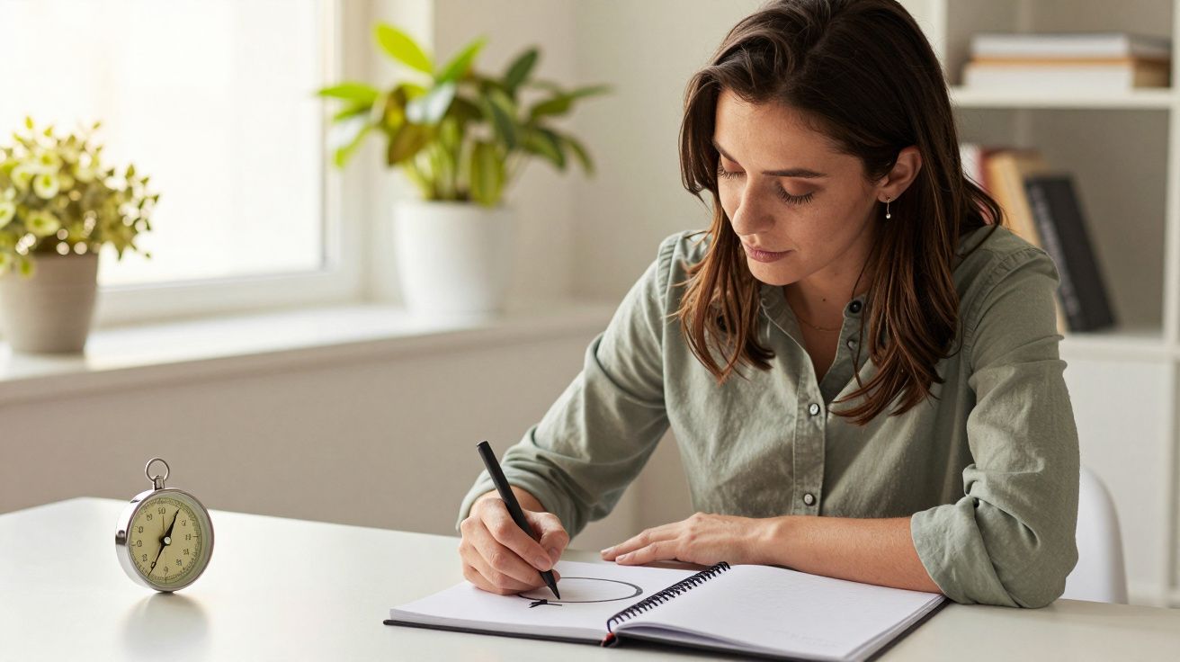 Mulher a escrever num caderno branco numa mesa, ao lado de pequeno relógio metálico e planta verde.