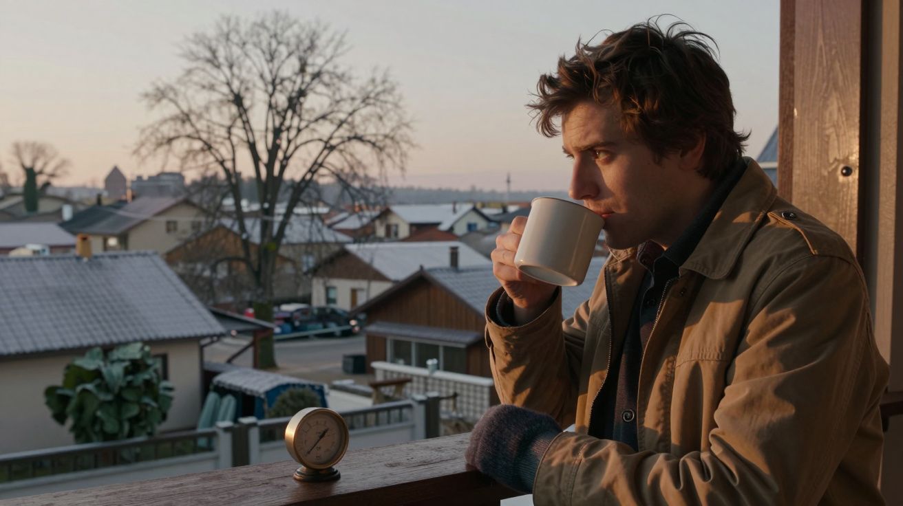 Homem agasalhado bebe chá numa varanda, observando casas e árvores ao amanhecer.