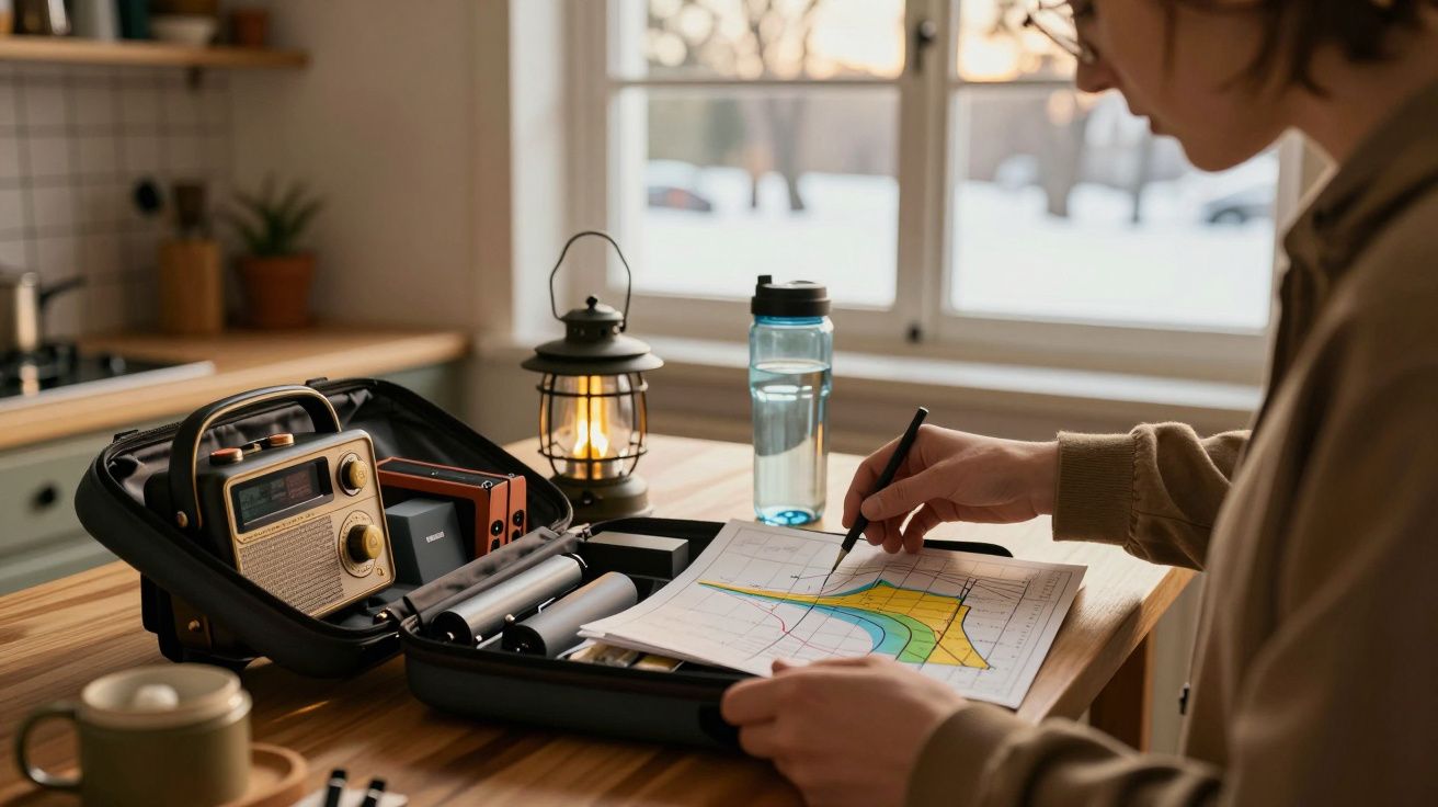 Pessoa desenhando em mapas sobre mesa com lanterna, rádio e garrafa de água ao lado, num ambiente de interior aconchegante.