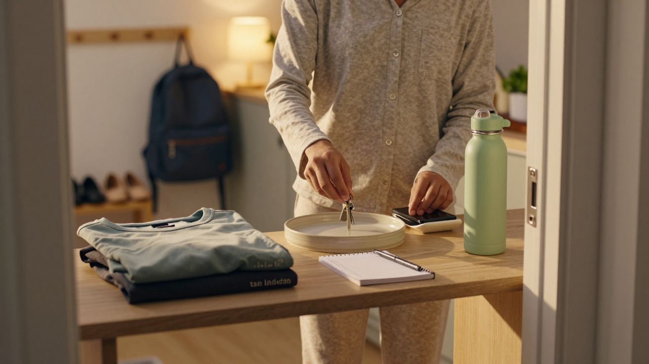 Pessoa em pijama coloca chaves numa mesa com roupa, garrafa de água, bloco de notas e telemóvel. Mochila ao fundo.