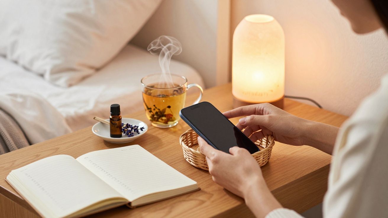 Pessoa segura telemóvel ao lado de chá, caderno e lâmpada num ambiente acolhedor.