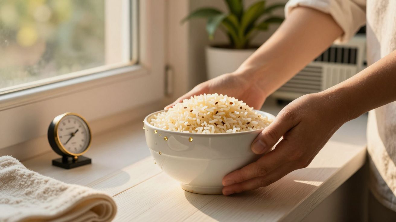 Pessoa segurando taça de arroz junto à janela com pequena planta e relógio ao fundo.