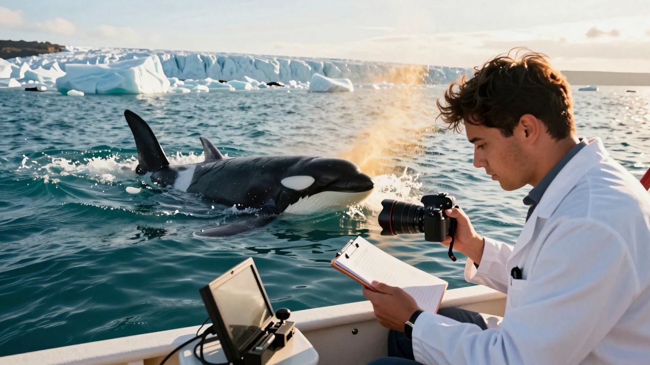 Cientista numa barco fotografa uma orca no mar ao lado de icebergs.