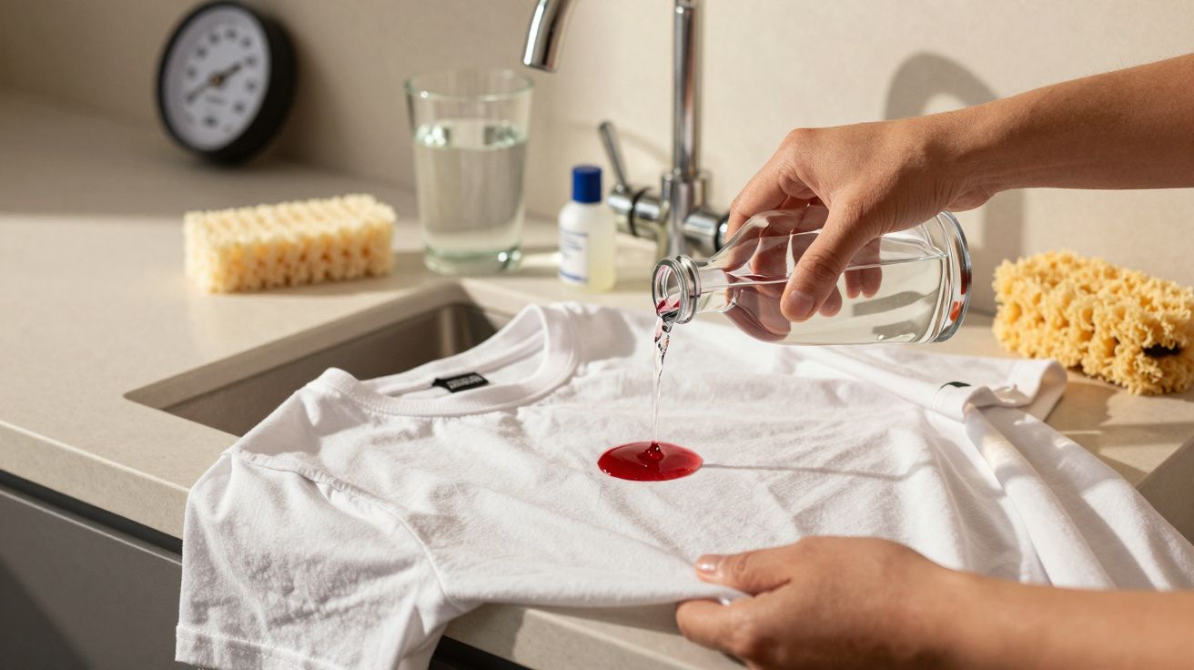 Pessoa derrama líquido transparente sobre nódoa vermelha em t-shirt branca junto ao lava-loiça.