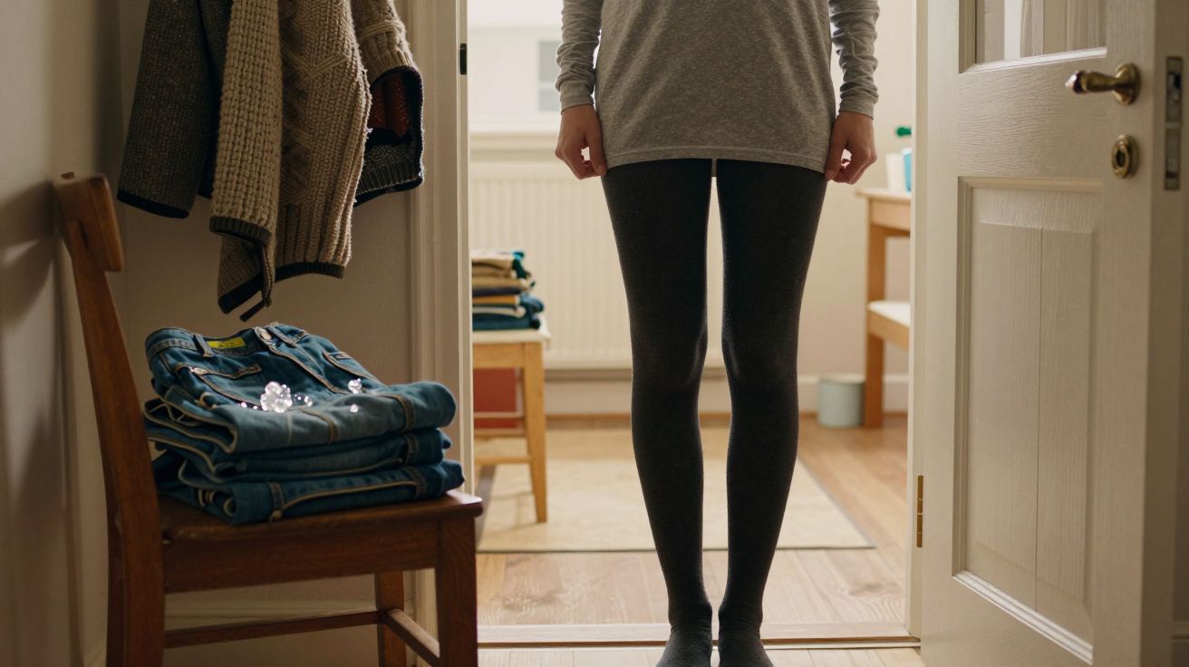 Pessoa em pé numa divisão com roupa dobrada numa cadeira, numa sala iluminada por luz natural.