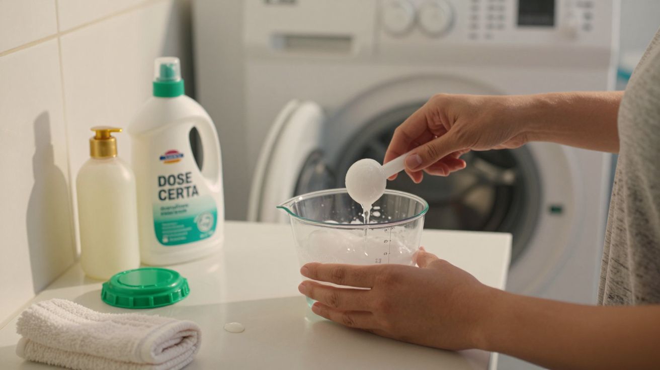 Pessoa mede detergente em copo medidor, com máquina de lavar e produtos ao fundo.
