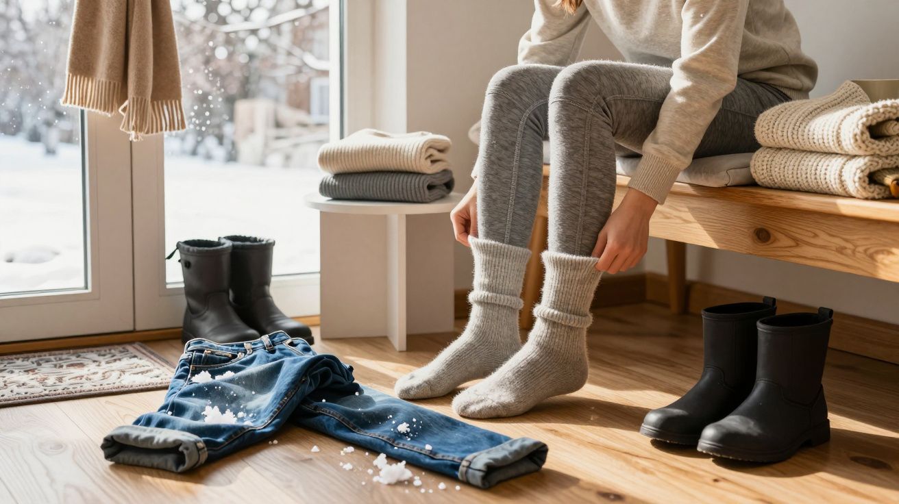 Pessoa sentada em banco de madeira, vestindo meias quentes. Botas e calças com neve estão no chão ao lado.