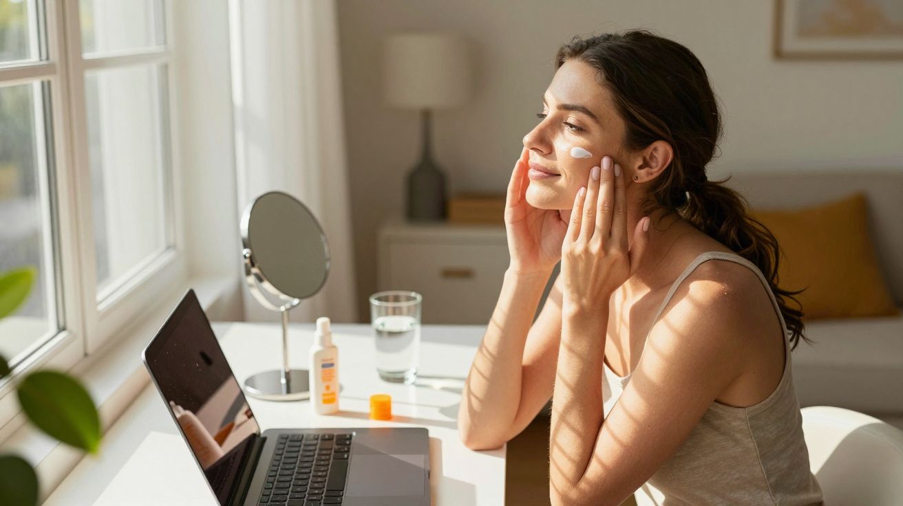 Mulher aplica creme no rosto, sentada à frente de um portátil, com luz natural entrando pela janela.