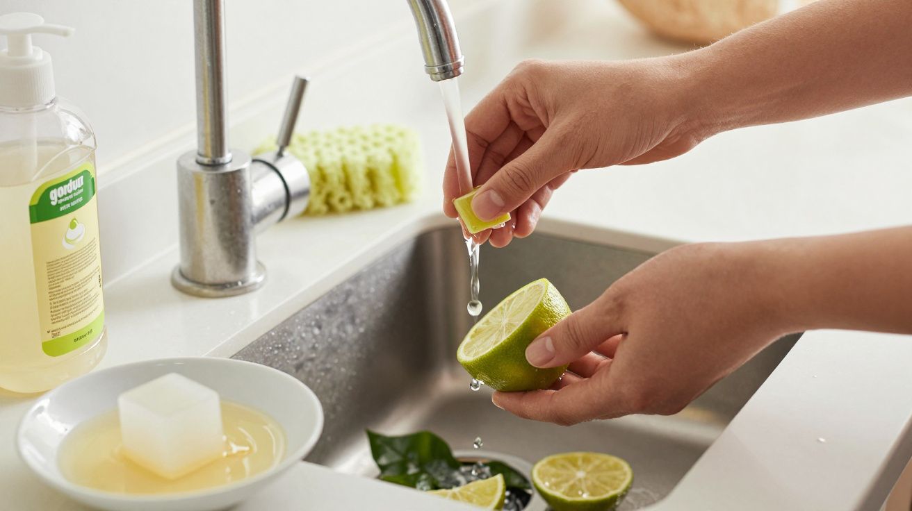 Mãos espremendo limão sob água corrente na pia com detergente e esponja ao lado.