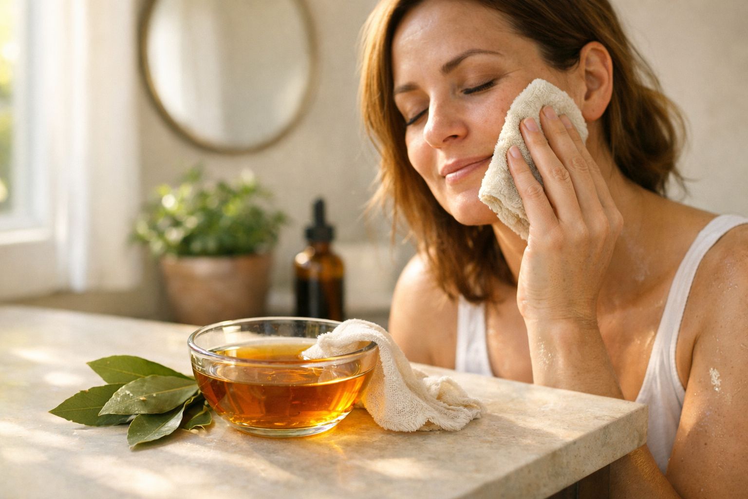 Mulher a cuidar da pele com algodão, em frente a espelho, rodeada de plantas e frascos de beleza numa casa de banho.