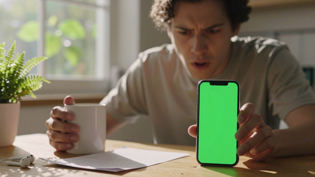 Homem sentado à mesa, surpreso, segura smartphone com ecrã verde. Na outra mão, segura uma caneca branca.