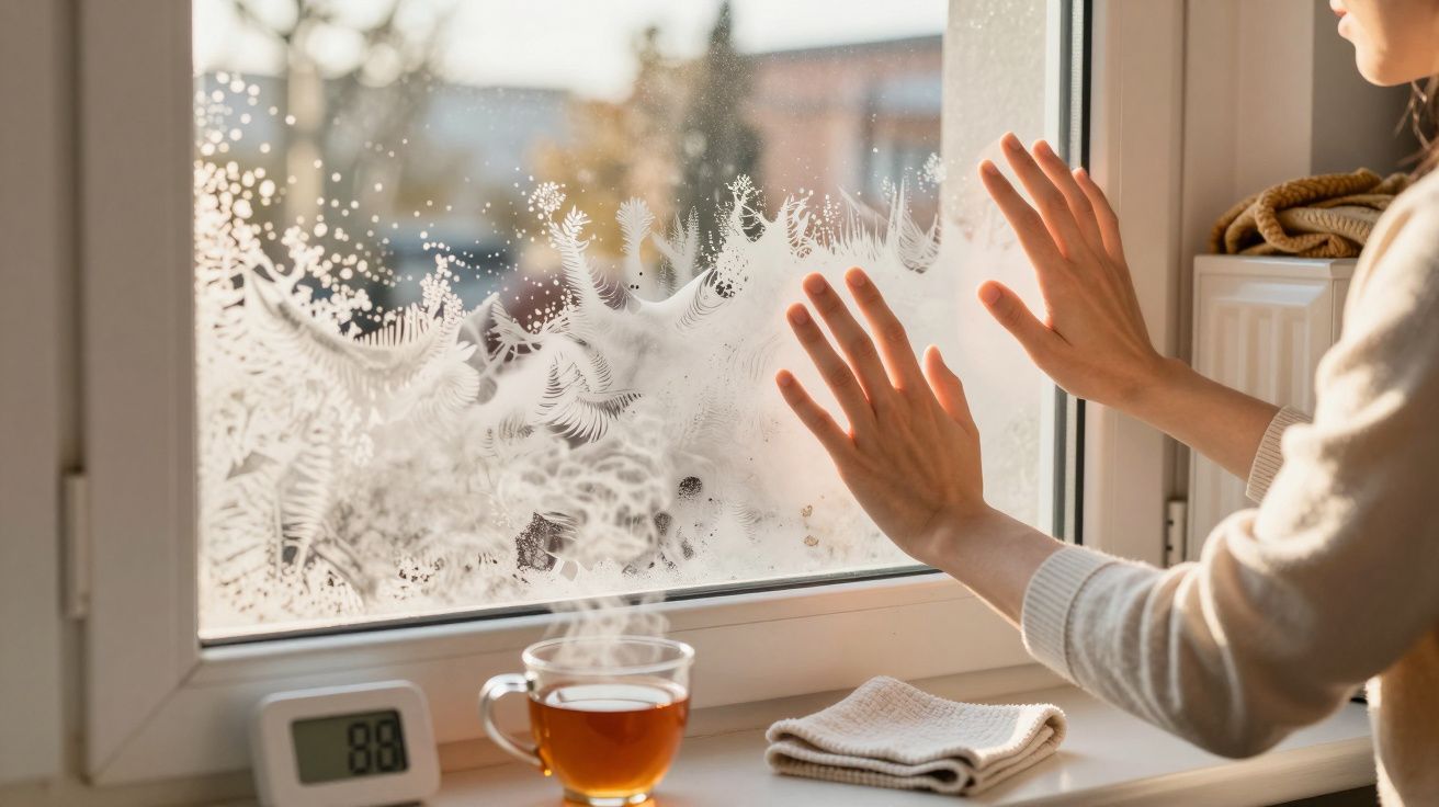 Pessoa toca janela com geada ao lado de chá quente, termómetro digital e toalha.