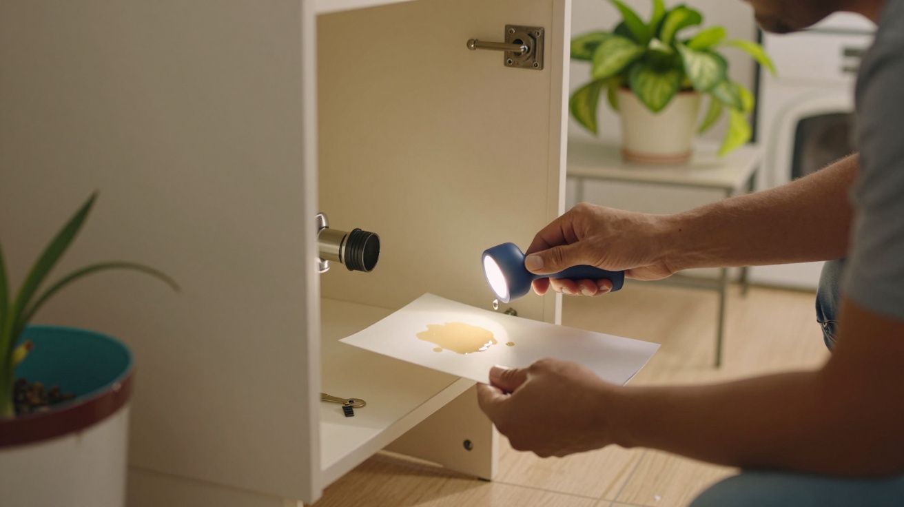 Homem verifica fuga de água sob o lava-loiças com papel e lanterna, planta ao fundo.