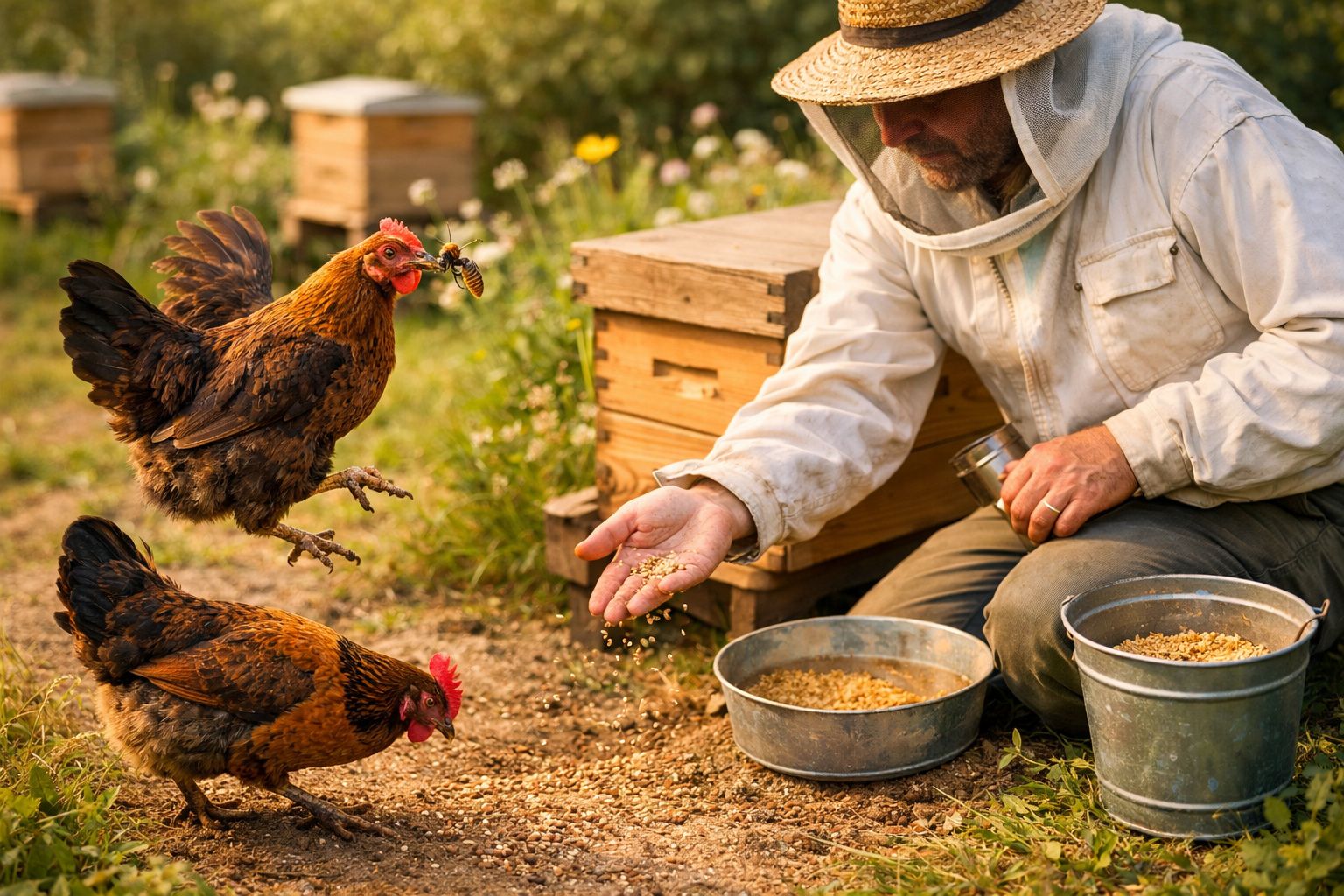 Apicultor a alimentar galinha num apiário, rodeado de colmeias de madeira, relva verde e luz solar suave.