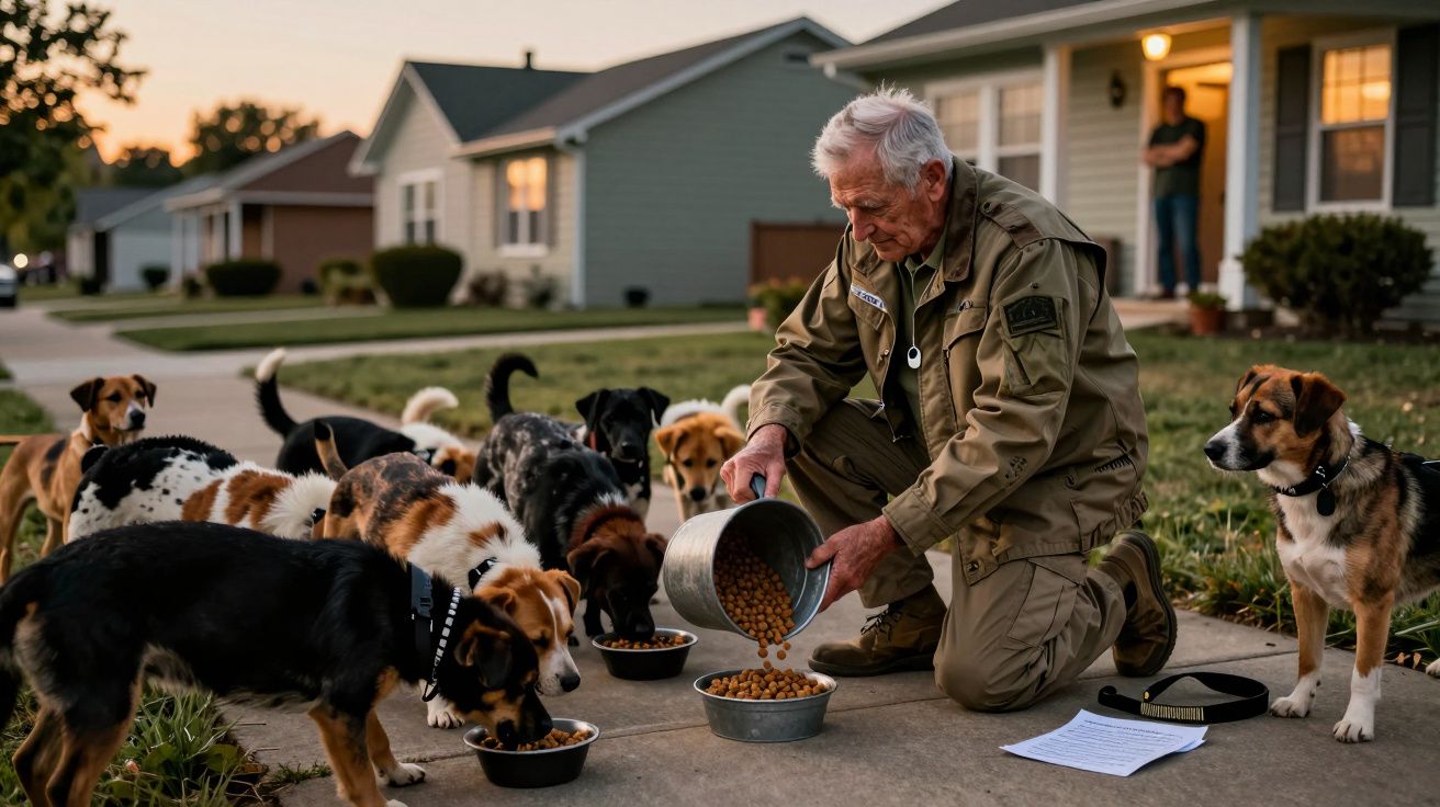 Homem idoso de joelhos alimenta cães na rua ao pôr do sol, com casas ao fundo.