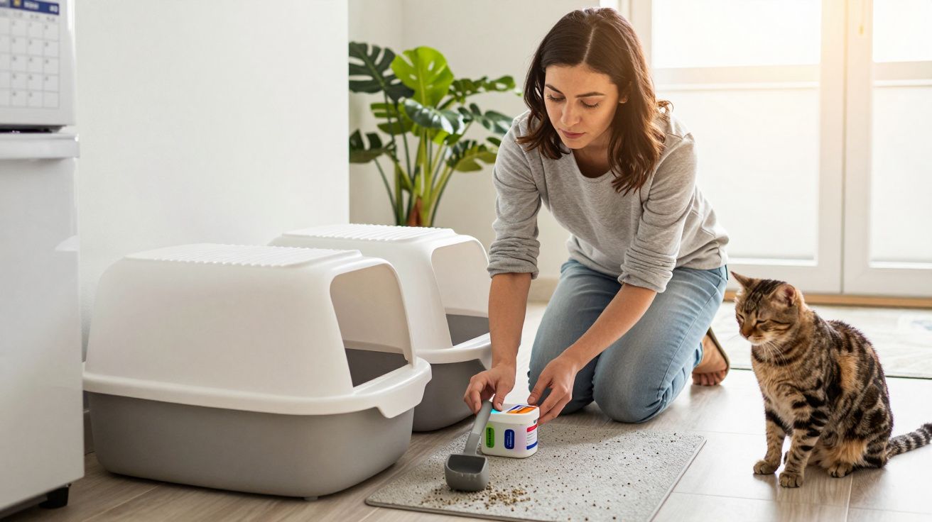 Mulher a limpar e a preparar caixas de areia para gatos, enquanto um gato observa ao lado, numa sala iluminada.