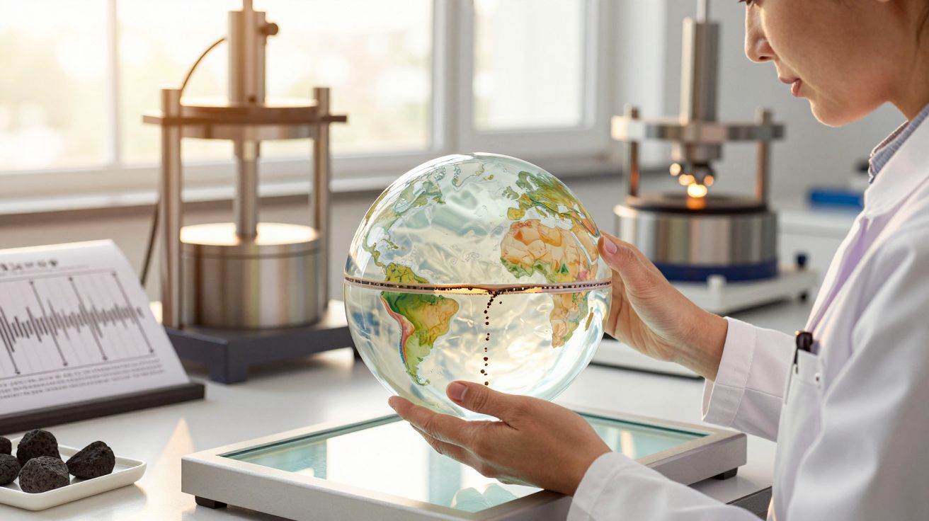 Cientista segura modelo transparente da Terra em laboratório com equipamentos e amostras de rochas sobre a mesa.