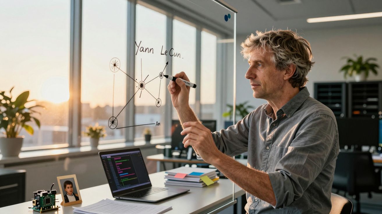 Homem a escrever em quadro transparente num escritório com computador portátil e plantas ao fundo, ao pôr do sol.