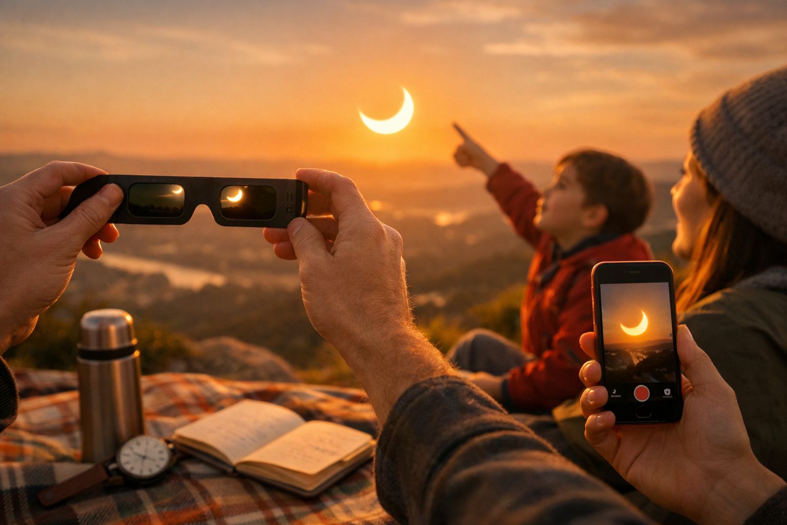Mulher com óculos de sol e telemóvel, sentada num parque ao pôr do sol, mapa e garrafa de água no chão.