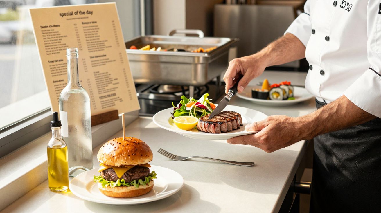 Cozinheiro serve prato de bife com salada; hambúrguer e azeite em primeiro plano numa bancada. Menu visível ao fundo.