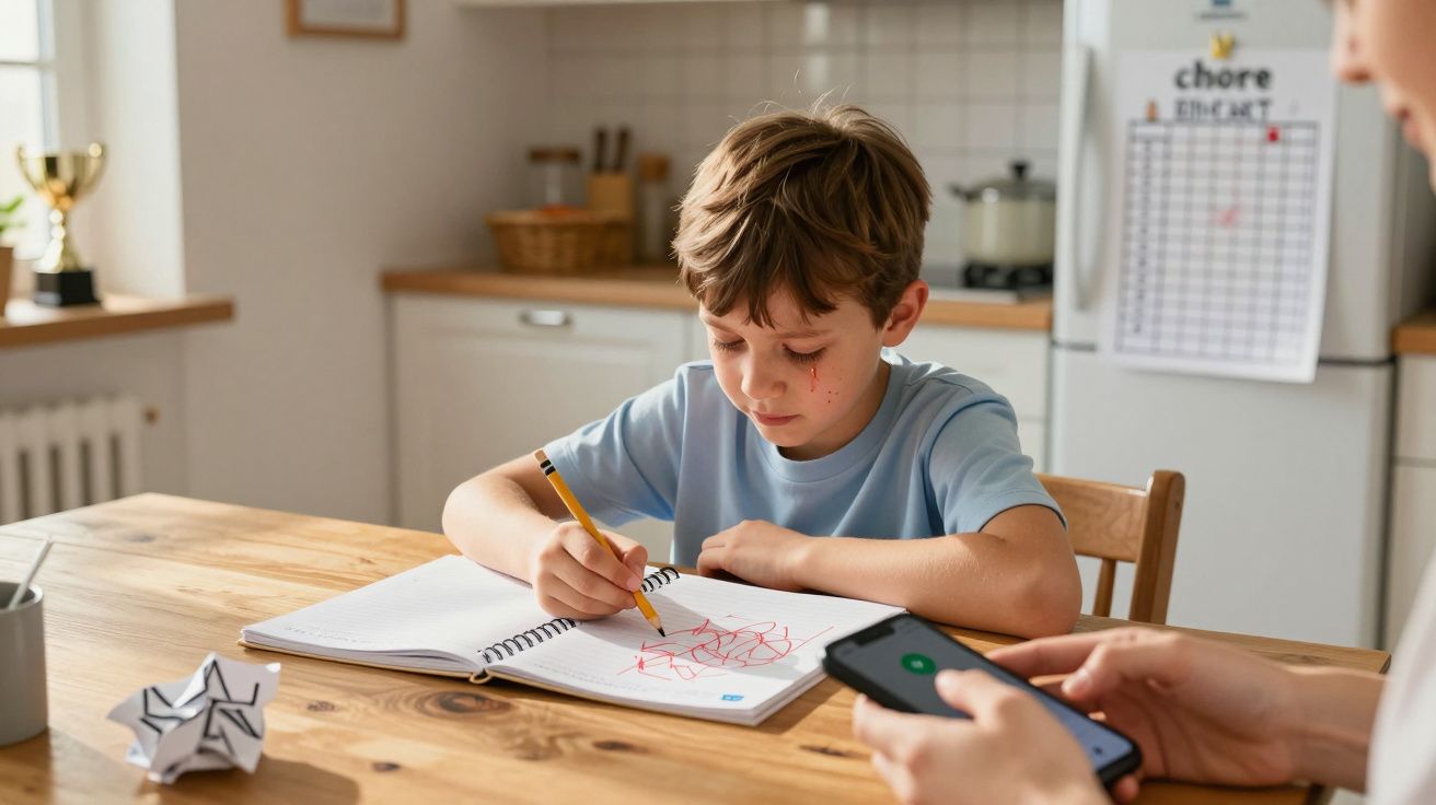 Menino desenha em caderno na cozinha, enquanto adulto segura telemóvel.