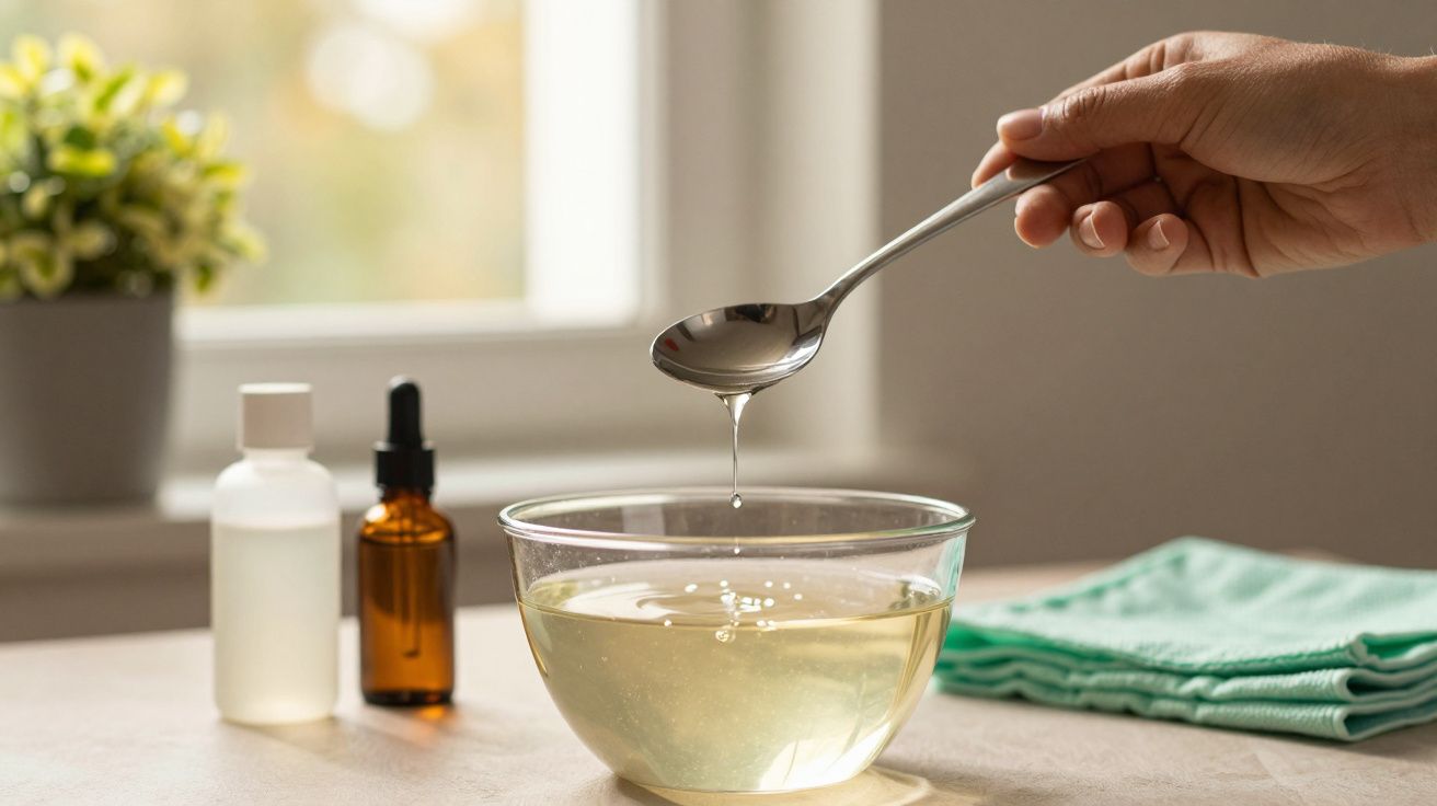 Mão segurando colher sobre taça com líquido, com frascos ao fundo e pano verde ao lado, numa mesa iluminada.