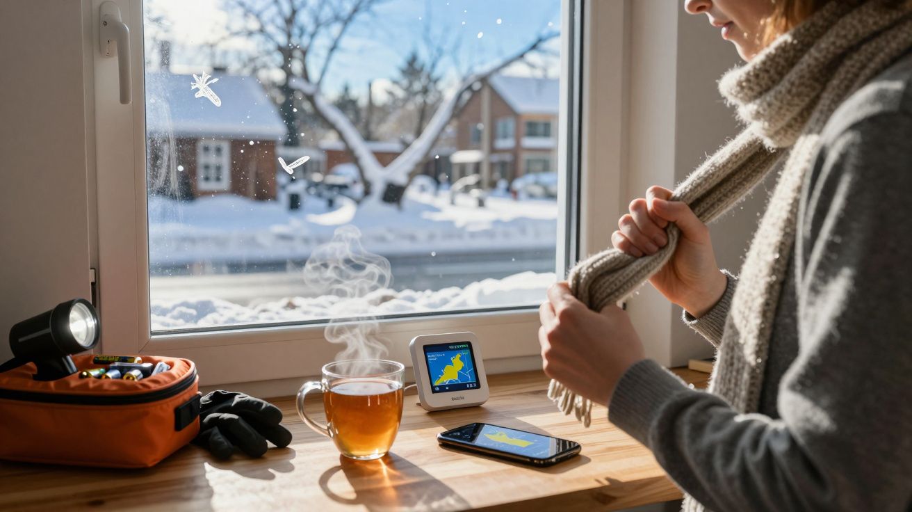 Pessoa agasalha-se junto a janela com neve, chá quente e previsão do tempo no telemóvel. Na mesa, lanterna e luvas.