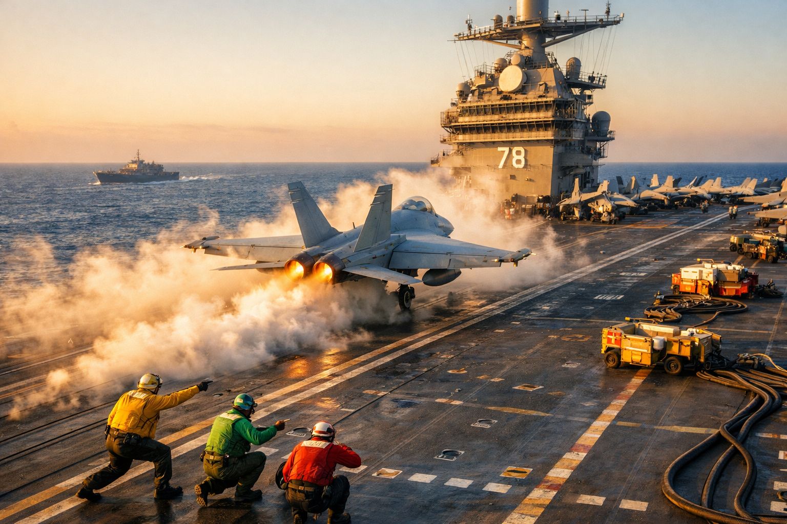 Caça a jato a descolar de um porta-aviões. Pessoal da tripulação em uniforme amarelo observa e fotografa.